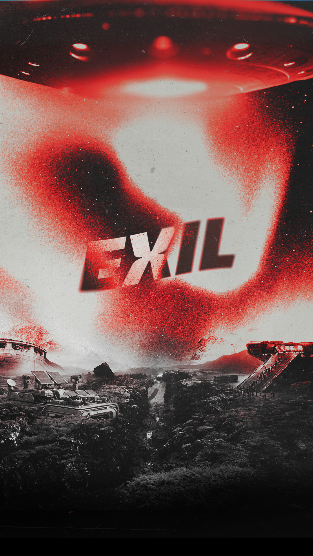 Album Exil de Fool system, illustrant un univers sombre futuriste, dans des teintes de gris et de rouge, qui reflète ce sentiment d’un monde qui brûle de l’intérieur, un système qui s’effondre, l'exil comme seule issue.