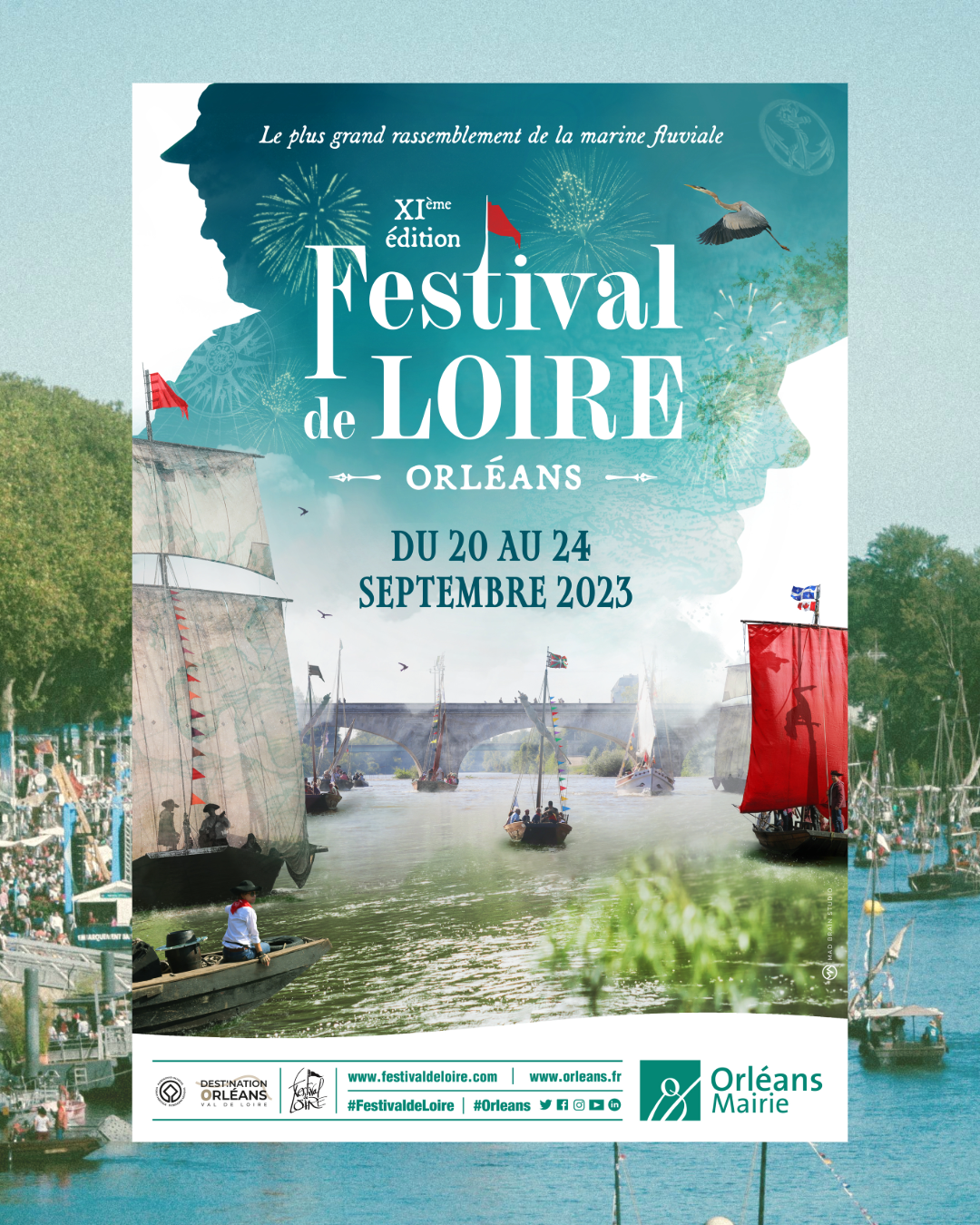 Affiche du festival de loire 2023, la loire, le ciel bleu et des bateaux aux voiles beige et rouges