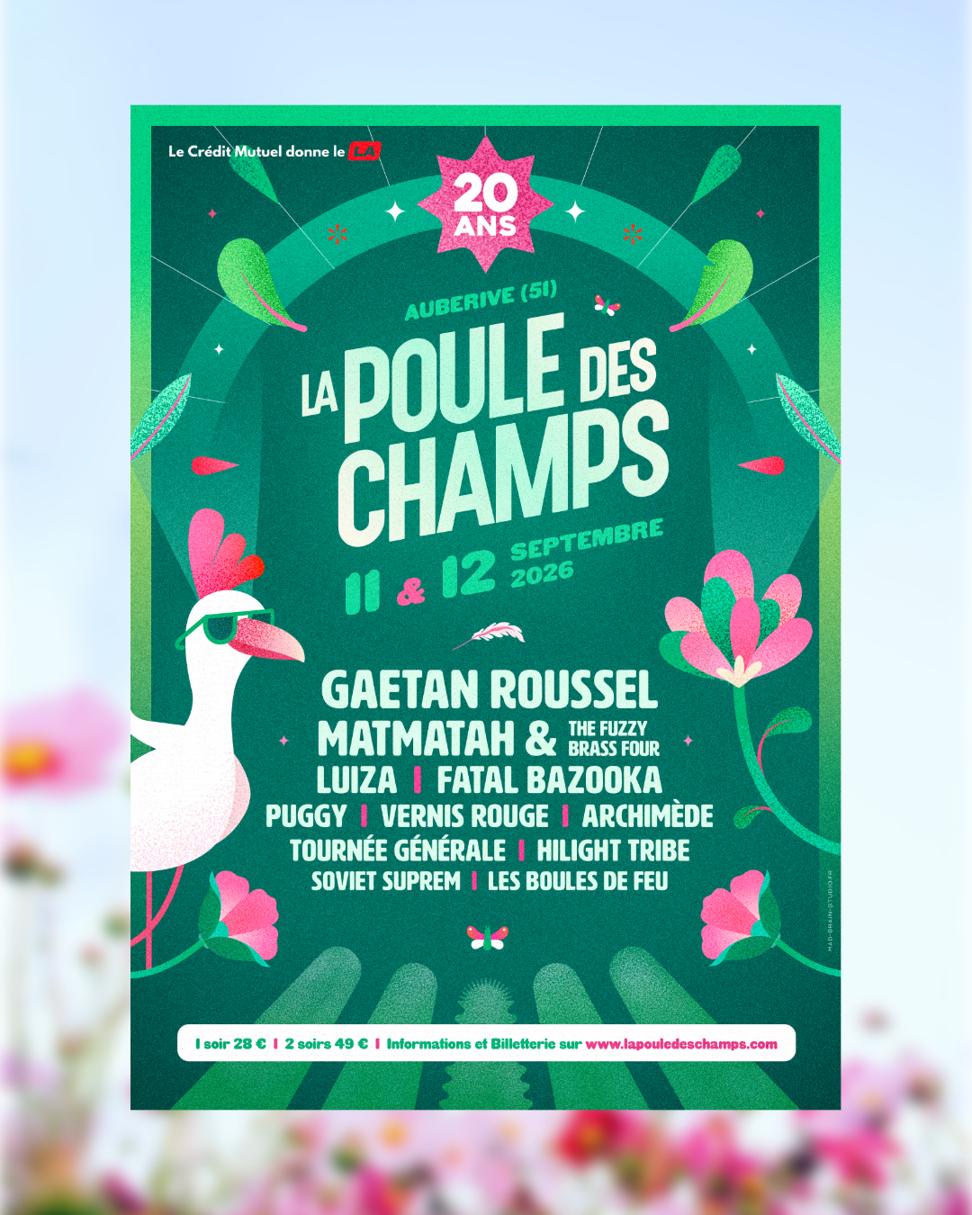 Affiche événementielle pour le festival La Poule des Champs 2026, création graphique avec univers illustré floral.