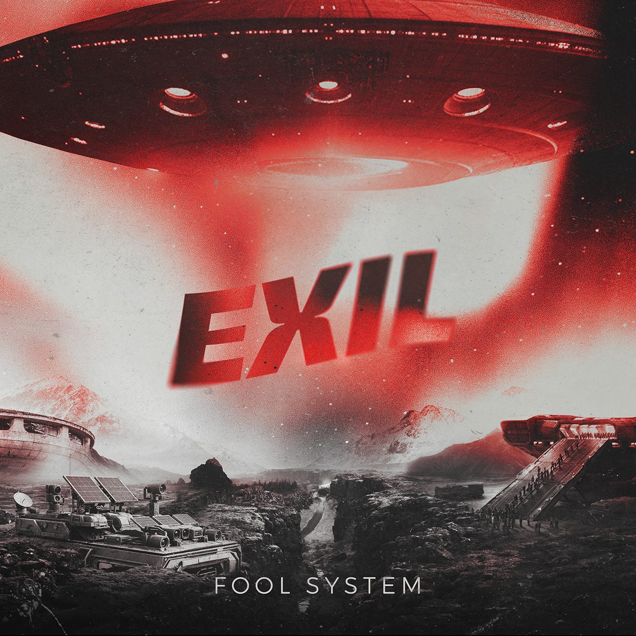 Album Exil de Fool system, illustrant un univers sombre futuriste, dans des teintes de gris et de rouge, qui reflète ce sentiment d’un monde qui brûle de l’intérieur, un système qui s’effondre, l'exil comme seule issue.
